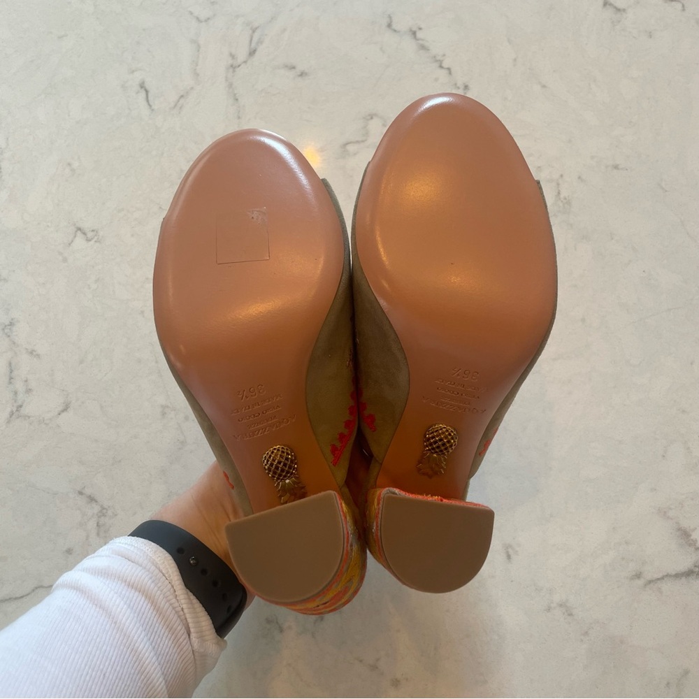 NWT 🧡 Aquazzura Evie Mule 105 Size 36.5 in Grey/Tan Suede w/ Orange Embroidery - Picture 8 of 10
